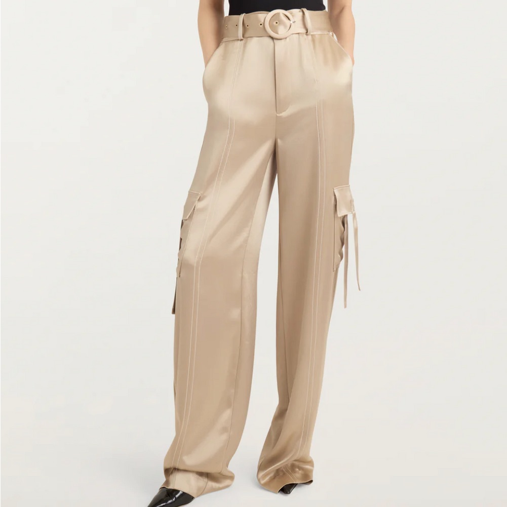 Cinq A Sept Satin Wide-Leg Cargo Pants In Beige